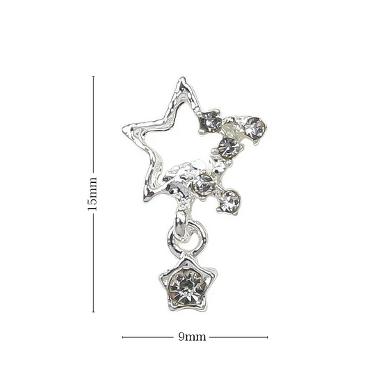 Nail Decoration, Star with Hanging Part Silver 2pcs