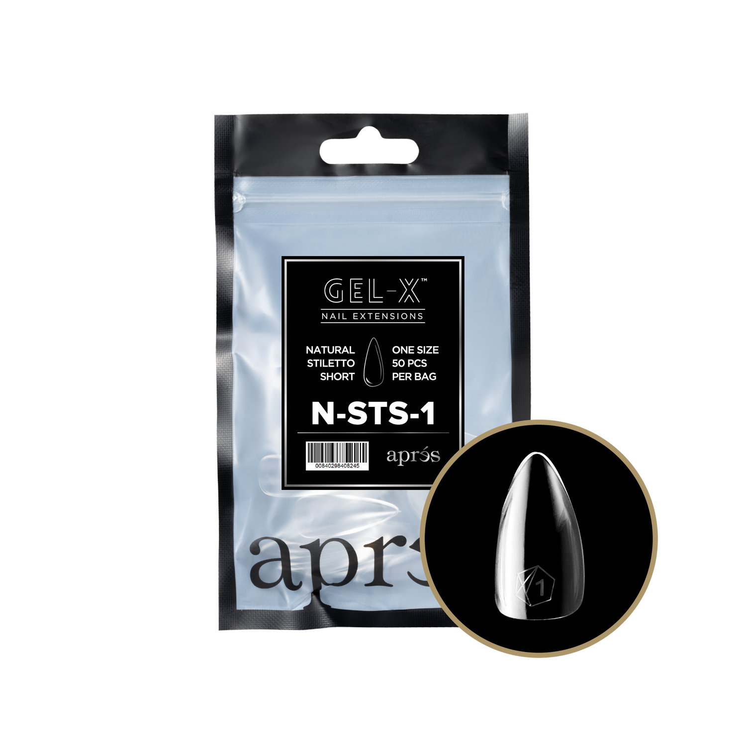 Aprés Gel-X® Kokokynnen Tipit, Täyttöpussi Natural Stiletto Short