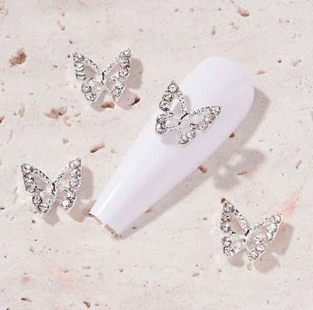 Nail Decoration, Butterfly with Crystals Silver 5pcs