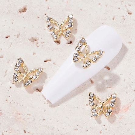 Nail Art Decoration, Butterfly with Crystals Gold 5pcs