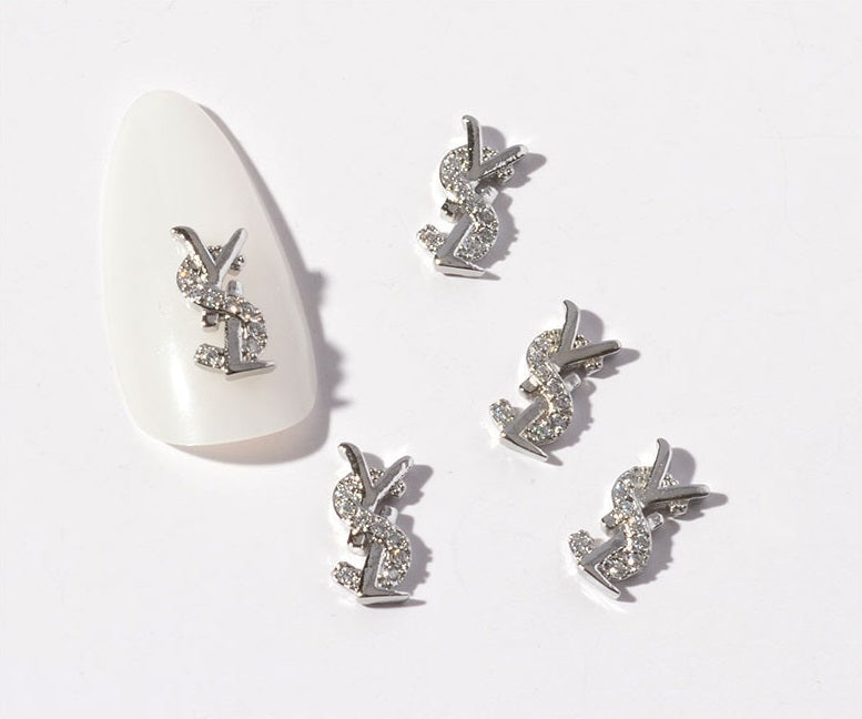 Nail Decoration, YSL with diamonds Silver 5 pcs
