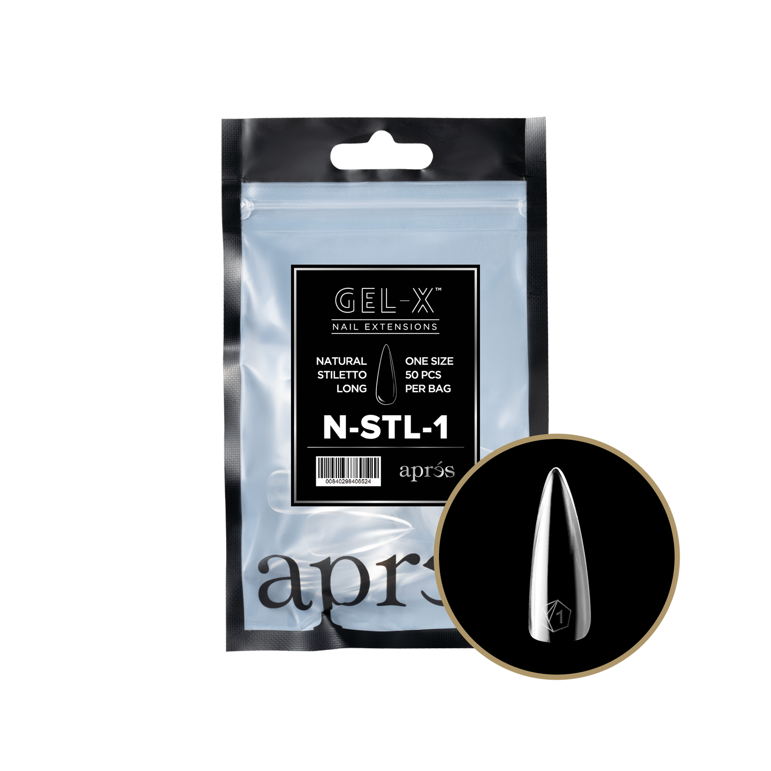 Aprés Gel-X® Kokokynnen Tipit, Täyttöpussi Natural Stiletto Long
