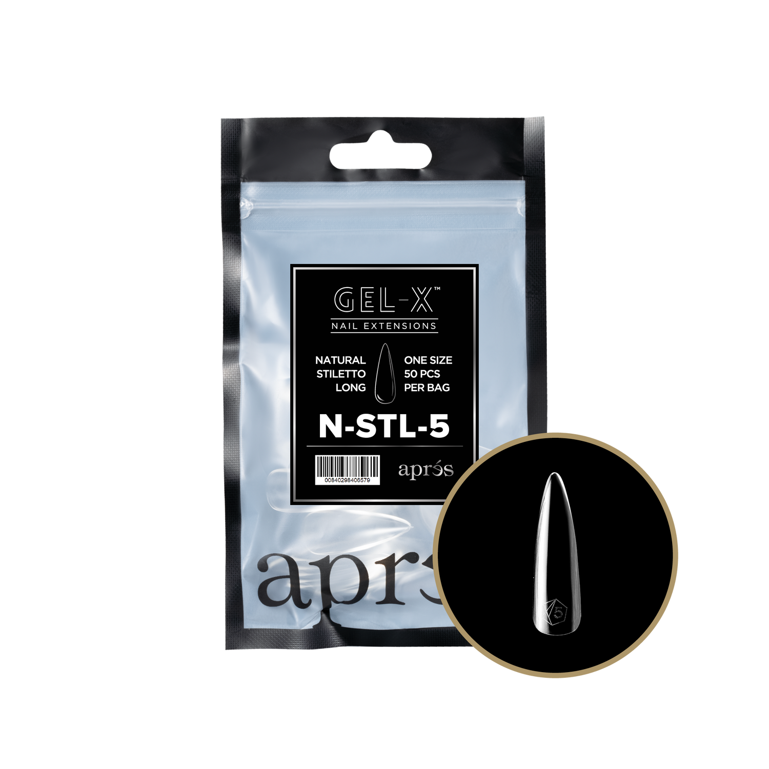 Aprés Gel-X® Kokokynnen Tipit, Täyttöpussi Natural Stiletto Long