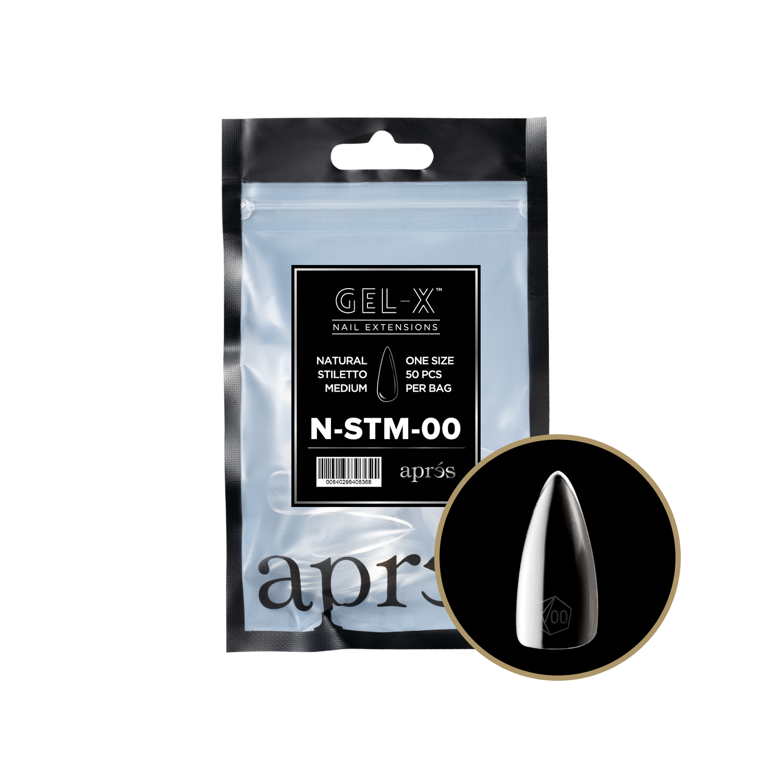 Aprés Gel-X® Kokokynnen Tipit, Täyttöpussi Natural Stiletto Medium